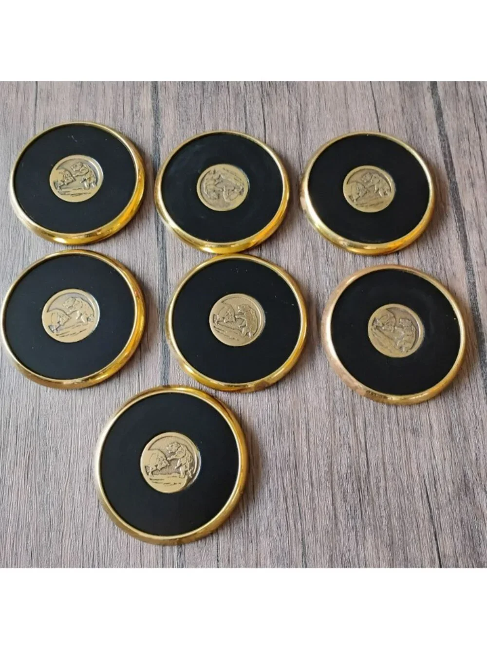 Vintage Brass Bull and Bear Coasters - Set of 7 Wall Street Leather Cork Backing